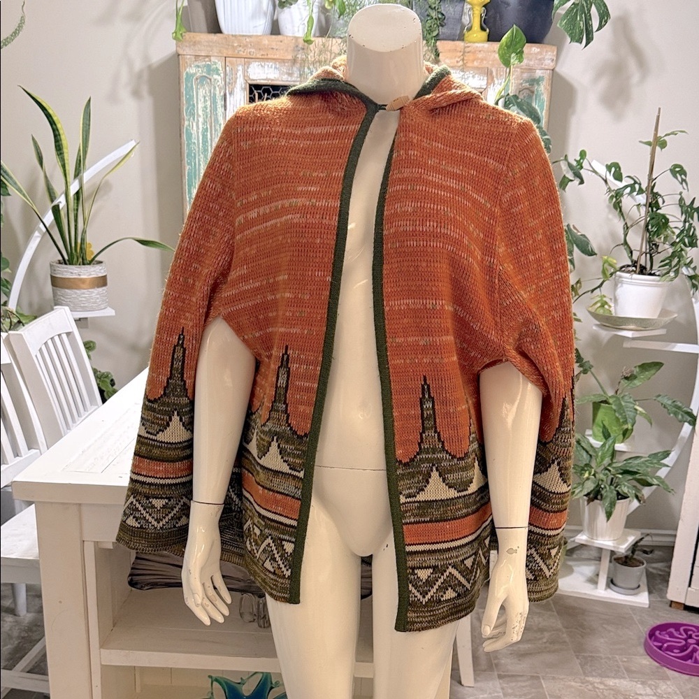 Vintage 1970s Orange Hooded Knit Cape with Patterned Trim eclectic grandma